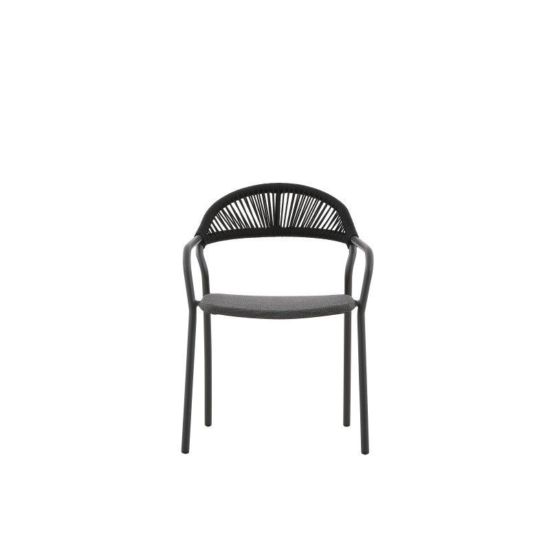 Front view of the FANO black woven outdoor dining armchair with curved back