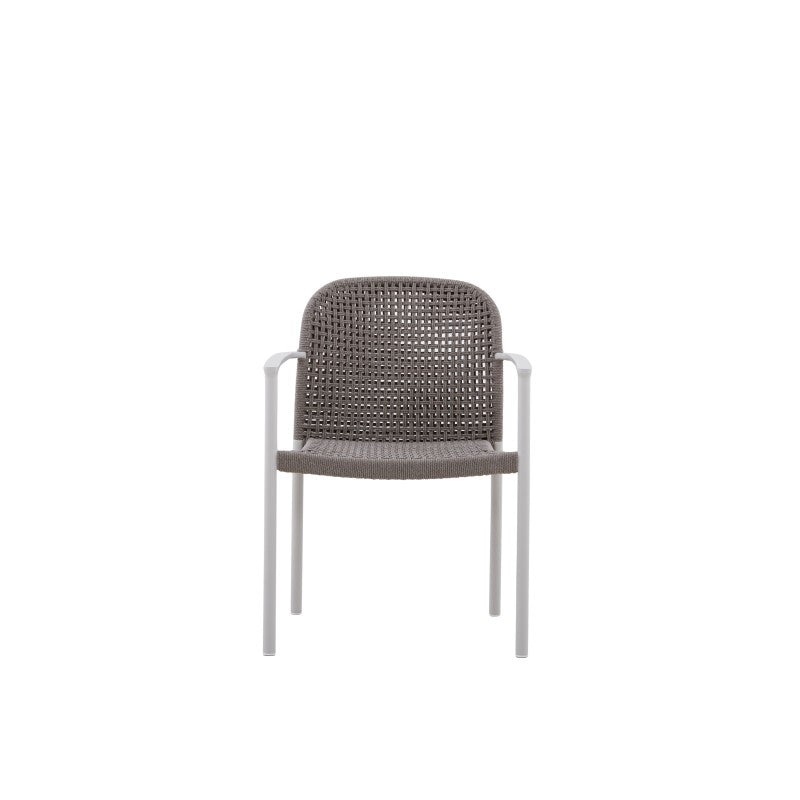 Rear view of the FANO grey woven outdoor dining armchair with white frame