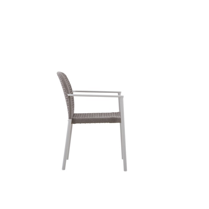 Front view of the FANO grey woven outdoor dining armchair with white frame
