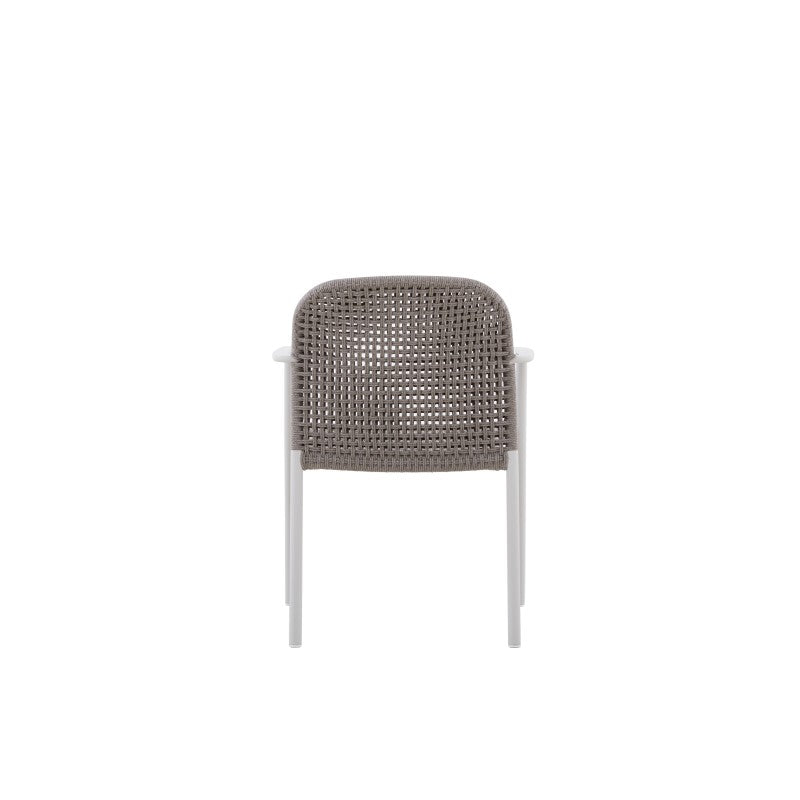 Side view of the FANO grey woven outdoor dining armchair with white frame