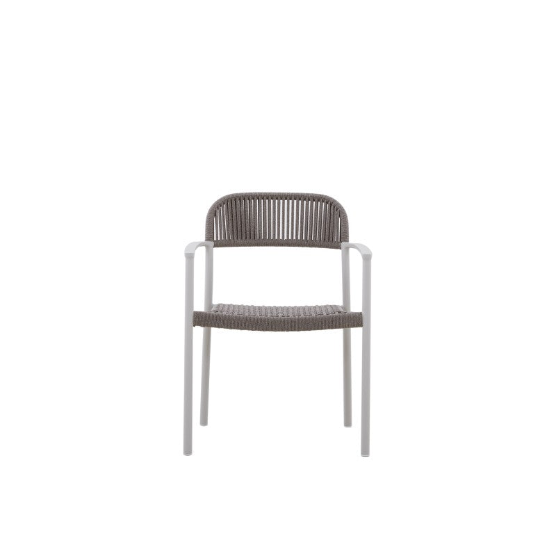 Front view of the FANO grey rope-woven outdoor dining armchair with white frame