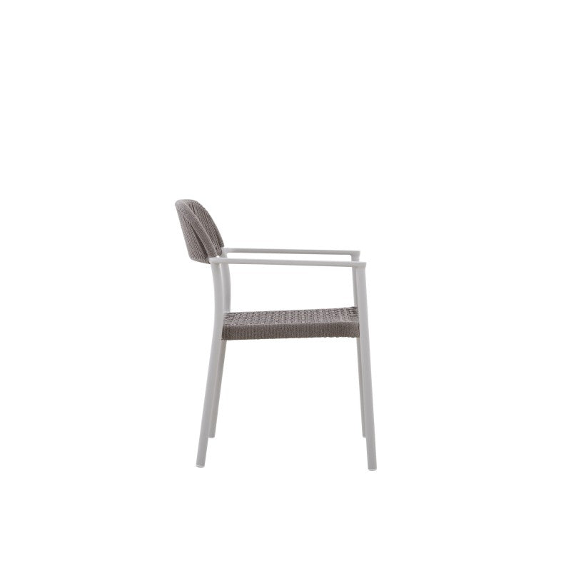 Side view of the FANO grey rope-woven outdoor dining armchair with white frame