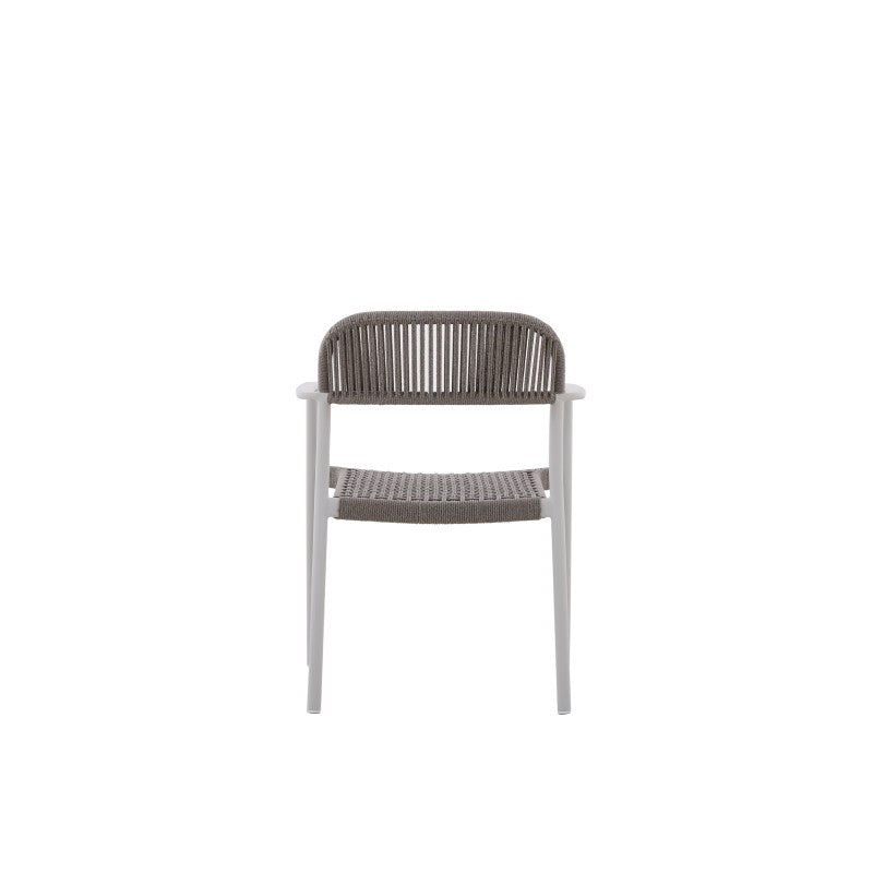 Rear view of the FANO grey rope-woven outdoor dining armchair with white frame