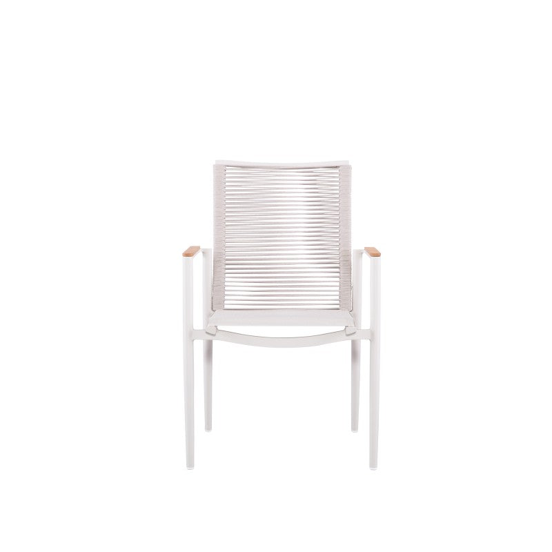 Front view of the FANO white rope-woven outdoor dining armchair with teak arm caps
