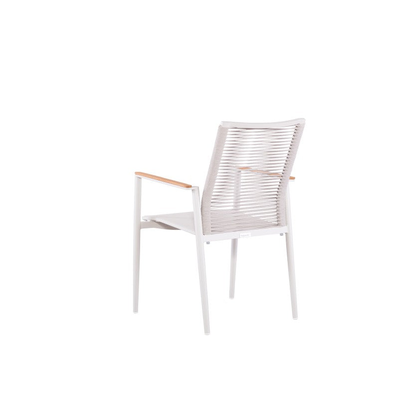 Rear view of the FANO white rope-woven outdoor dining armchair with teak arms