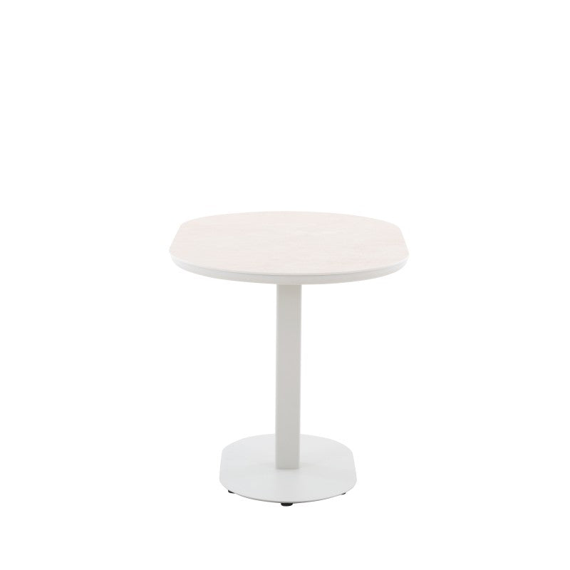 Detail of the FANO outdoor bistro table with softly rounded tabletop