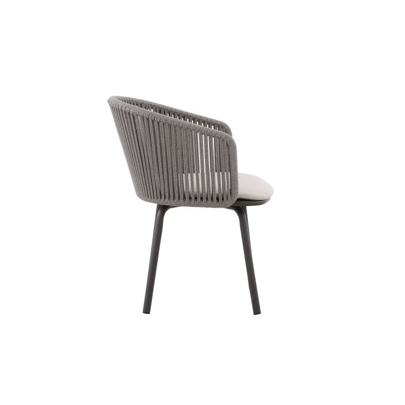 Side view of the LA TOUR grey rope-woven outdoor dining armchair with light seat cushion