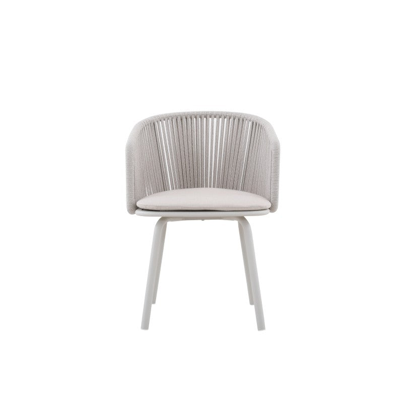 Front view of the LA TOUR white rope-woven outdoor dining armchair with light seat cushion