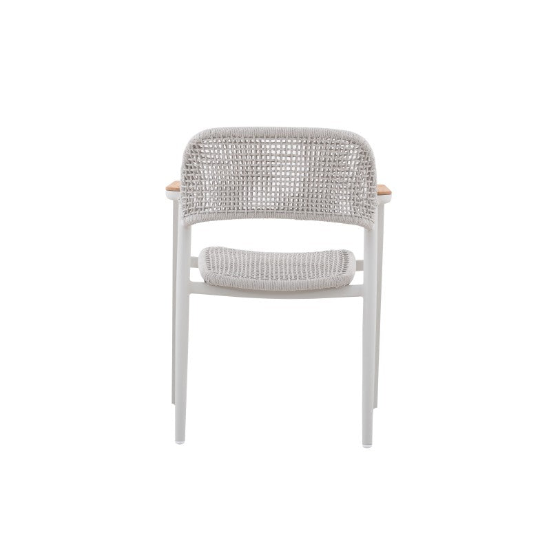 Rear view of the LA TOUR white woven outdoor dining armchair with teak arms
