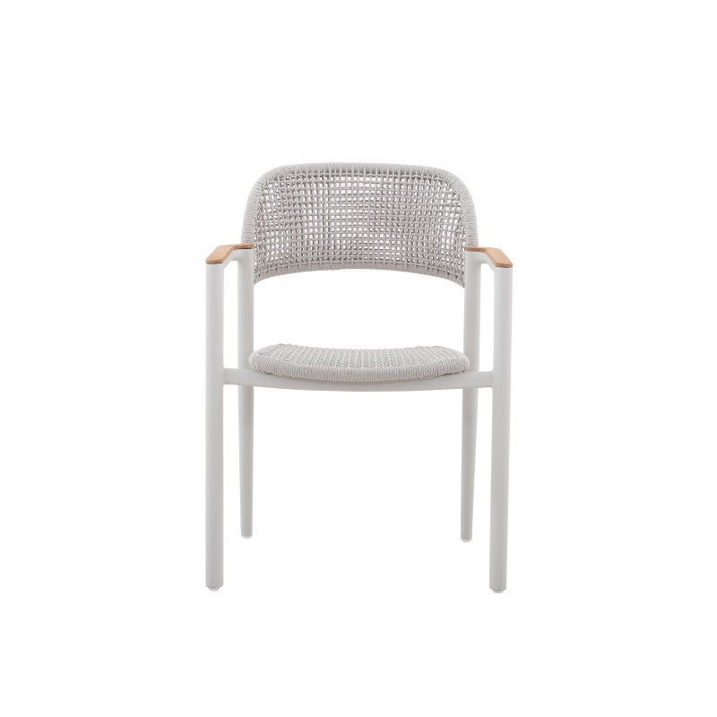 Front view of the LA TOUR white woven outdoor dining armchair with teak arms