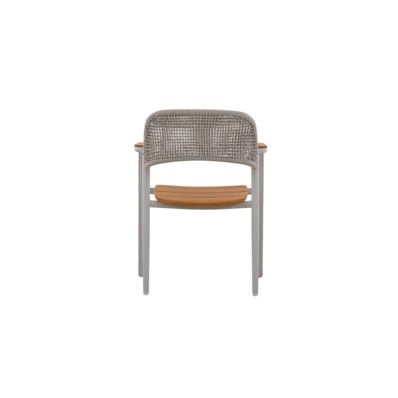 Side view of the LA TOUR white woven outdoor dining armchair with teak seat and arm caps