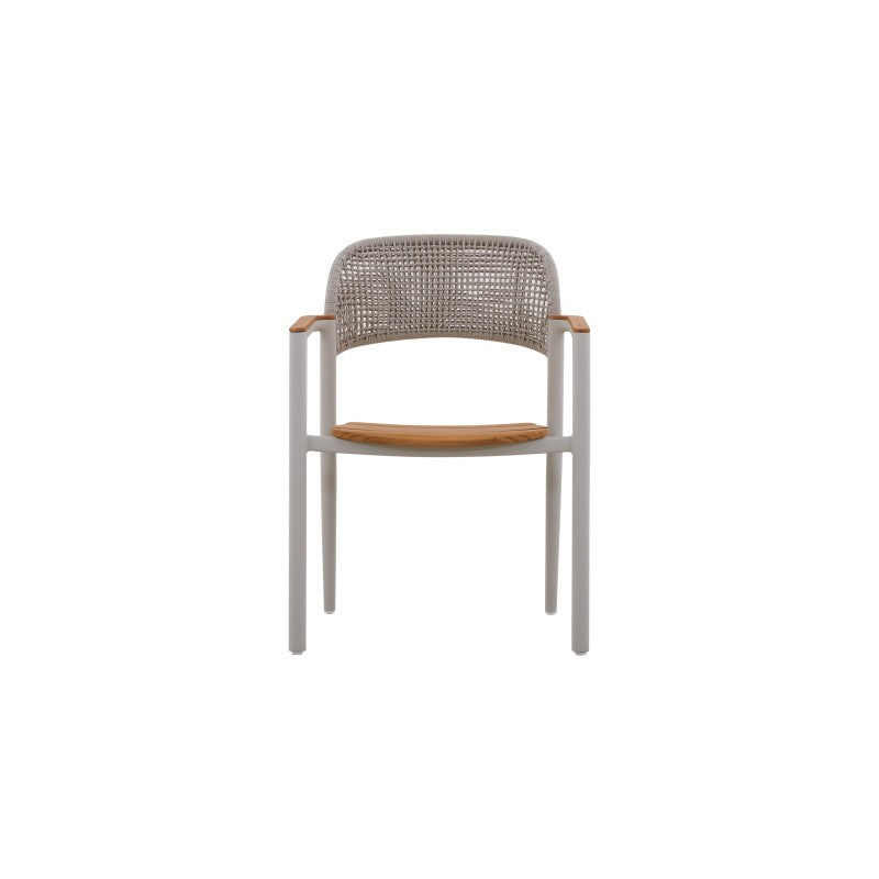 Rear view of the LA TOUR white woven outdoor dining armchair with grey woven back