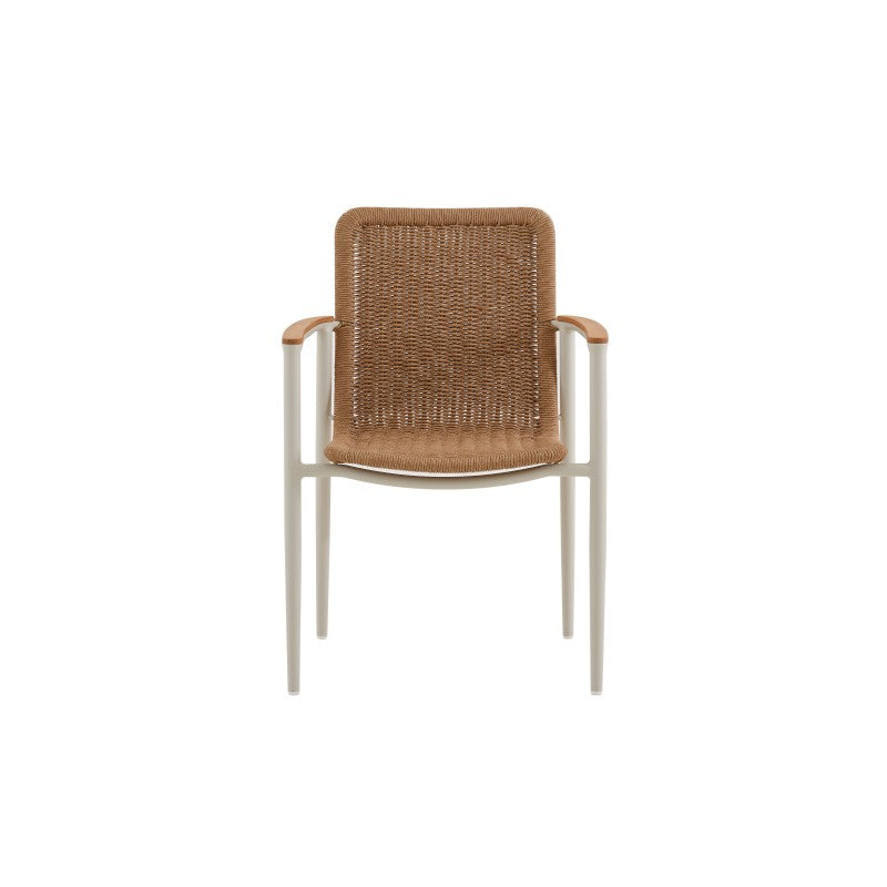 Front view of the MARINE natural brown woven outdoor dining armchair with woven seat and back