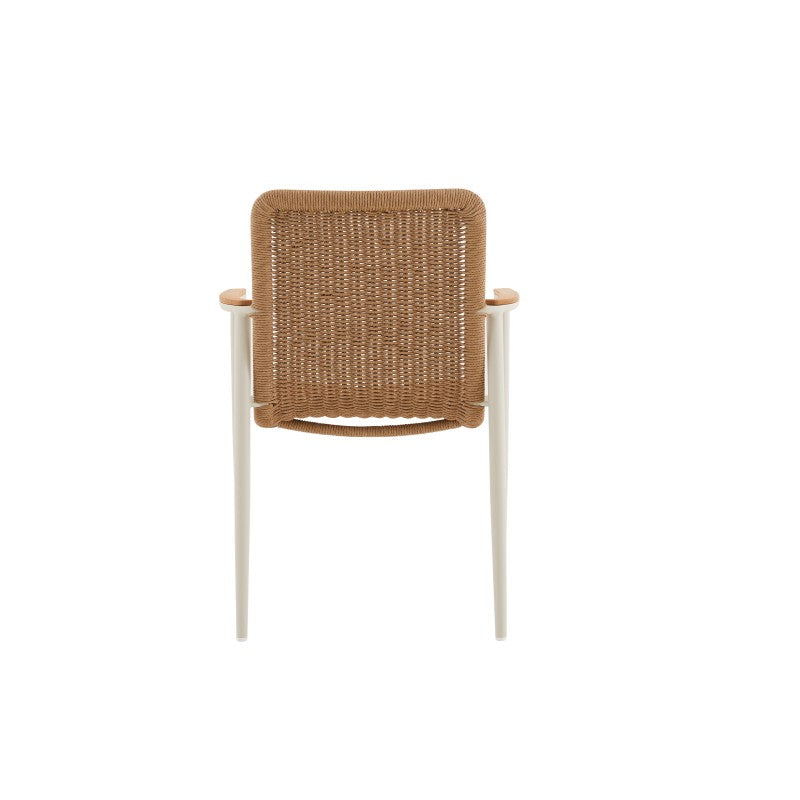Angled view of the MARINE natural brown woven outdoor dining armchair with teak arm caps