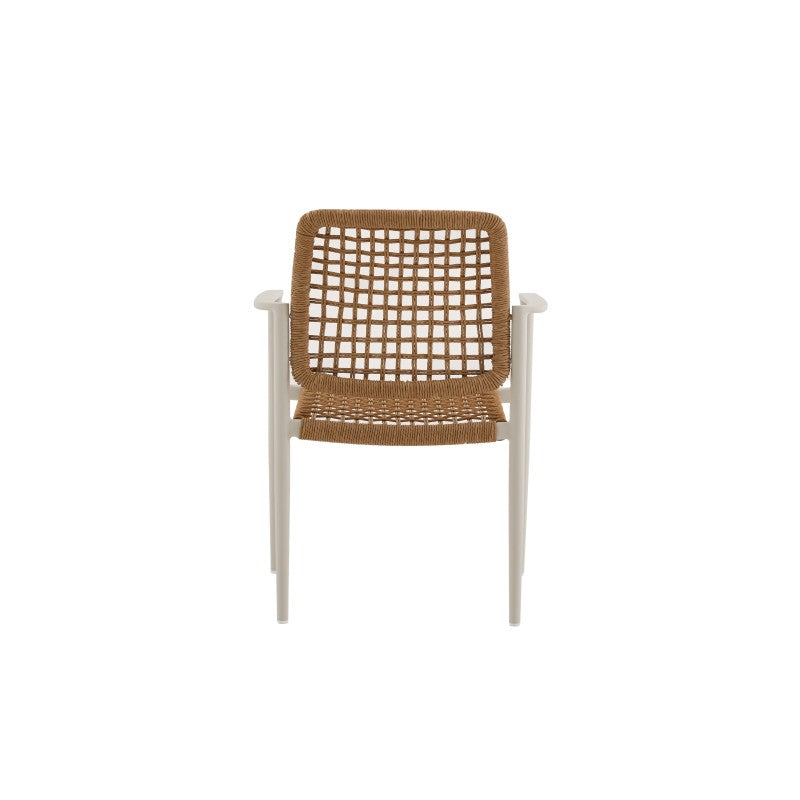 Front view of the MARINE natural brown woven outdoor dining armchair