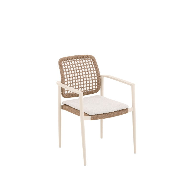 Angled view of the MARINE natural brown woven outdoor dining armchair