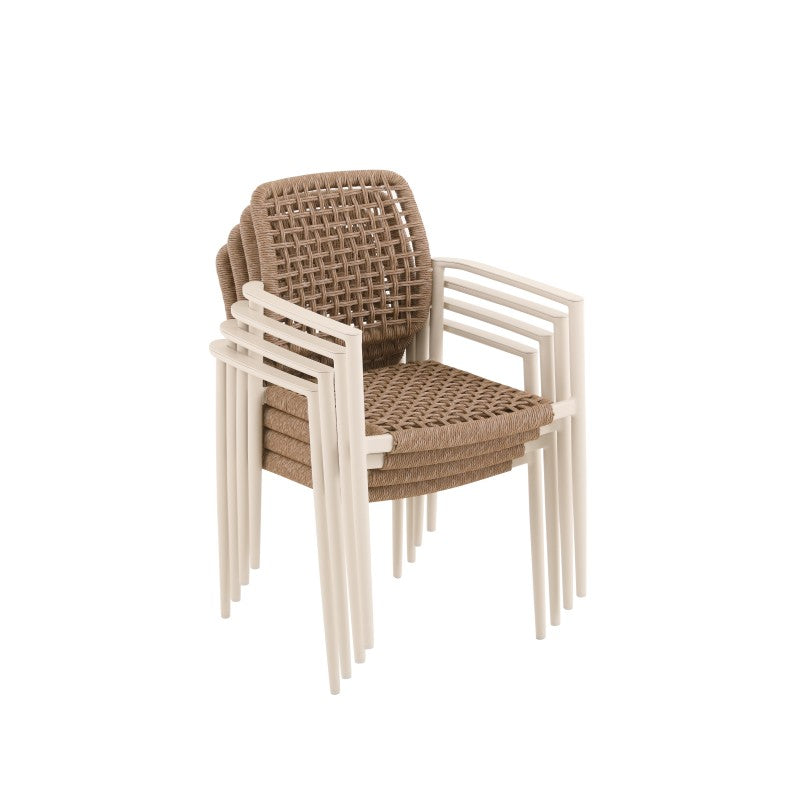 MARINE natural brown woven outdoor dining armchair shown with a light seat cushion