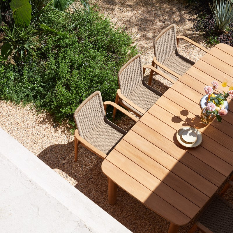MARINE teak outdoor dining set with rectangular table and woven armchairs
