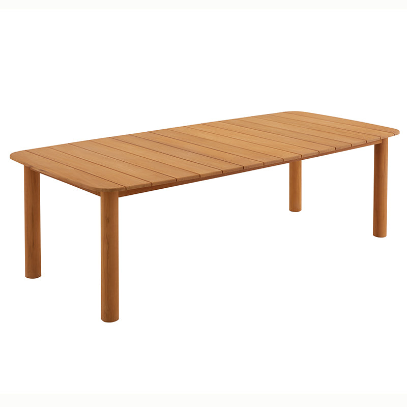 MARINE teak outdoor dining set styled with woven armchairs and tableware