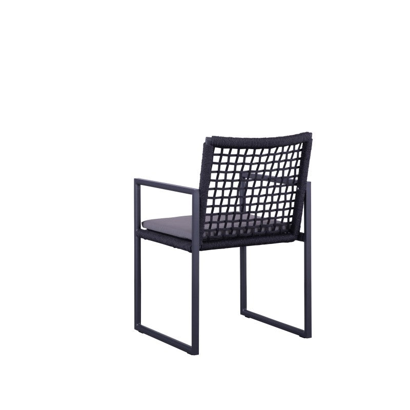 Side view of the SUNRISE black rope-woven outdoor dining armchair with cushion