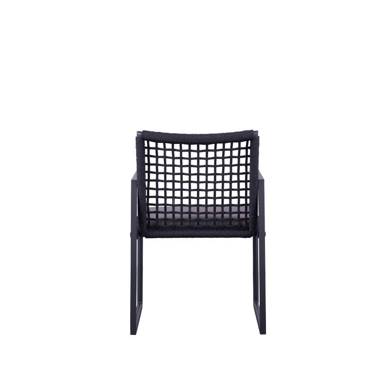 Close view of the SUNRISE black rope-woven outdoor dining armchair back