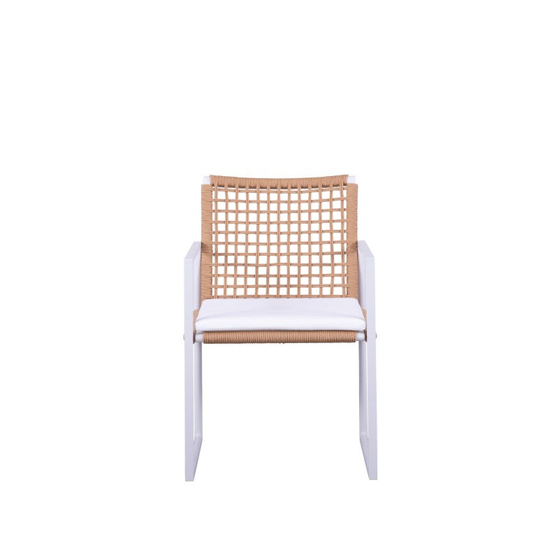 Angled view of the SUNRISE natural rope-woven outdoor dining armchair