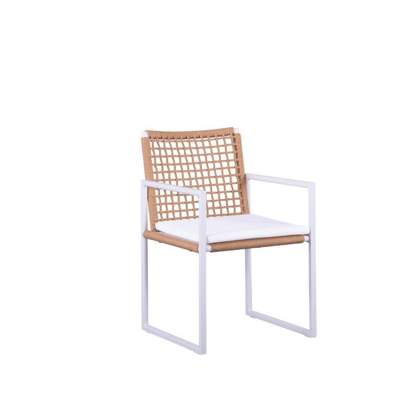 Front view of the SUNRISE natural rope-woven outdoor dining armchair with white frame and cushion