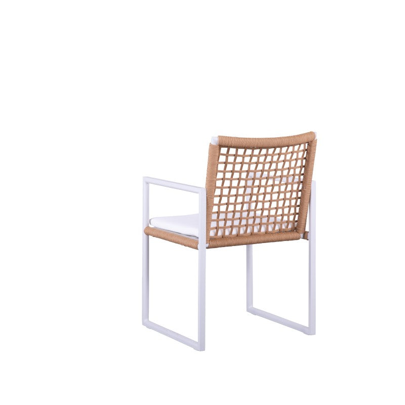 Side view of the SUNRISE natural rope-woven outdoor dining armchair with white cushion