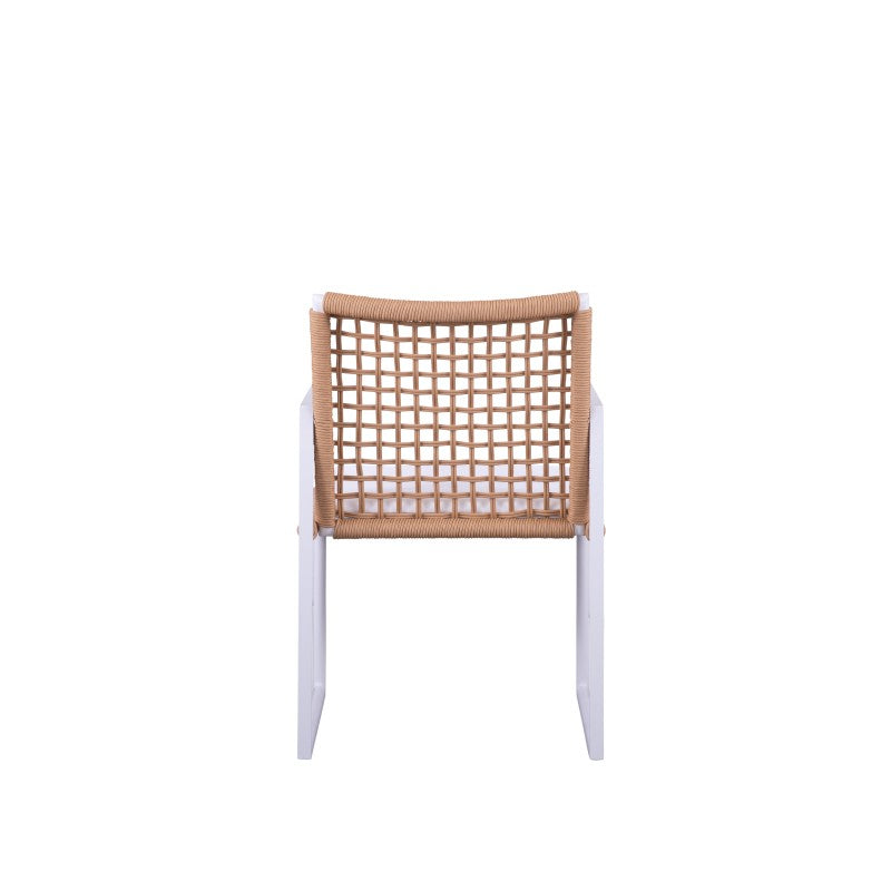 Rear view of the SUNRISE natural rope-woven outdoor dining armchair with white frame
