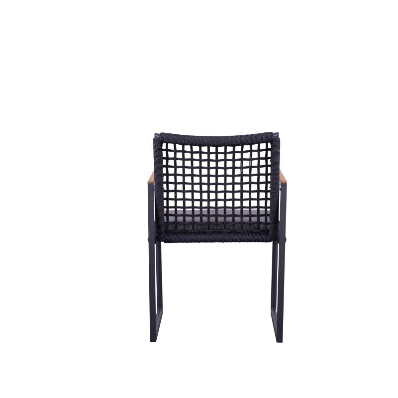 Front view of the SUNRISE black rope-woven outdoor dining armchair with teak arms
