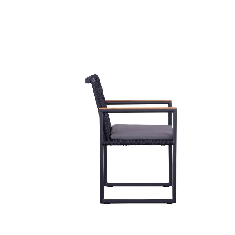 Rear view of the SUNRISE black rope-woven outdoor dining armchair with teak arms