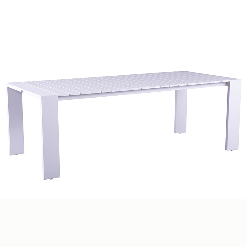 Front view of the SUNRISE white outdoor dining table with slatted rectangular tabletop