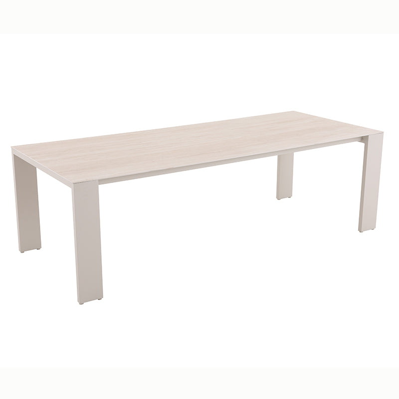 Front view of the SUNRISE large white outdoor dining table with straight legs