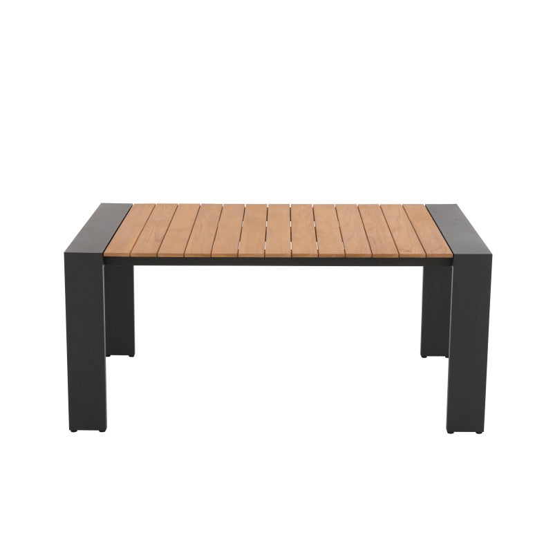 Front view of the SUNRISE teak outdoor dining table with slatted top