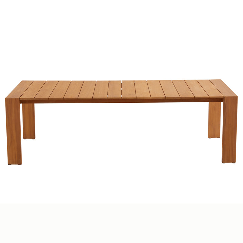 Front view of the SUNRISE teak outdoor dining table with straight legs