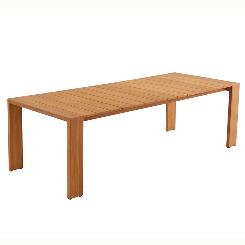 Angled view of the SUNRISE teak outdoor dining set with slatted table and armchairs