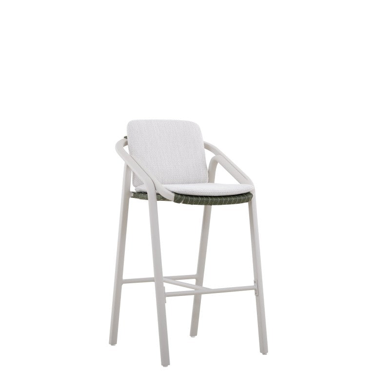 Rear view of the VENTO white outdoor bar stool with green woven seat
