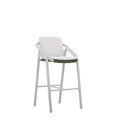 Rear view of the VENTO white outdoor bar stool with green woven seat