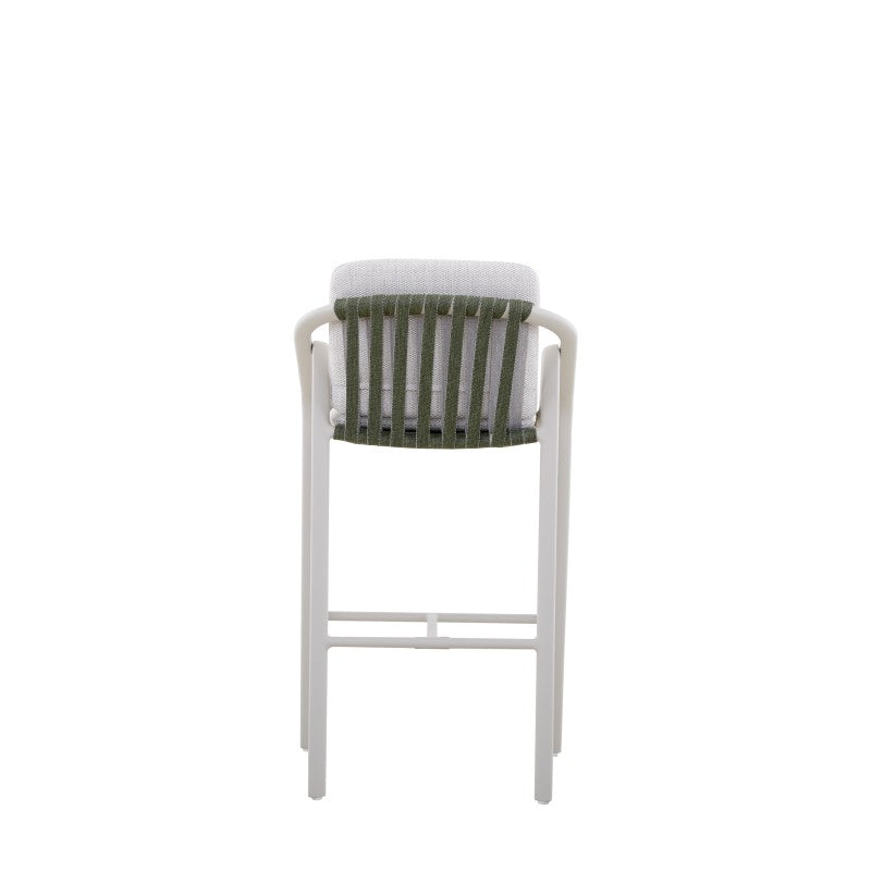 Angled view of the VENTO white outdoor bar stool with curved arms
