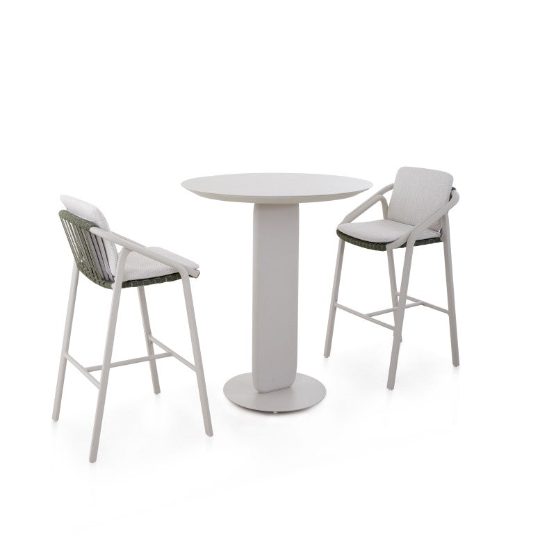 VENTO outdoor bar table arranged with matching outdoor bar stools