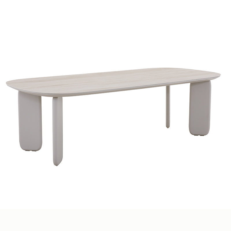 Angled view of the VENTO outdoor dining table with rounded rectangular top